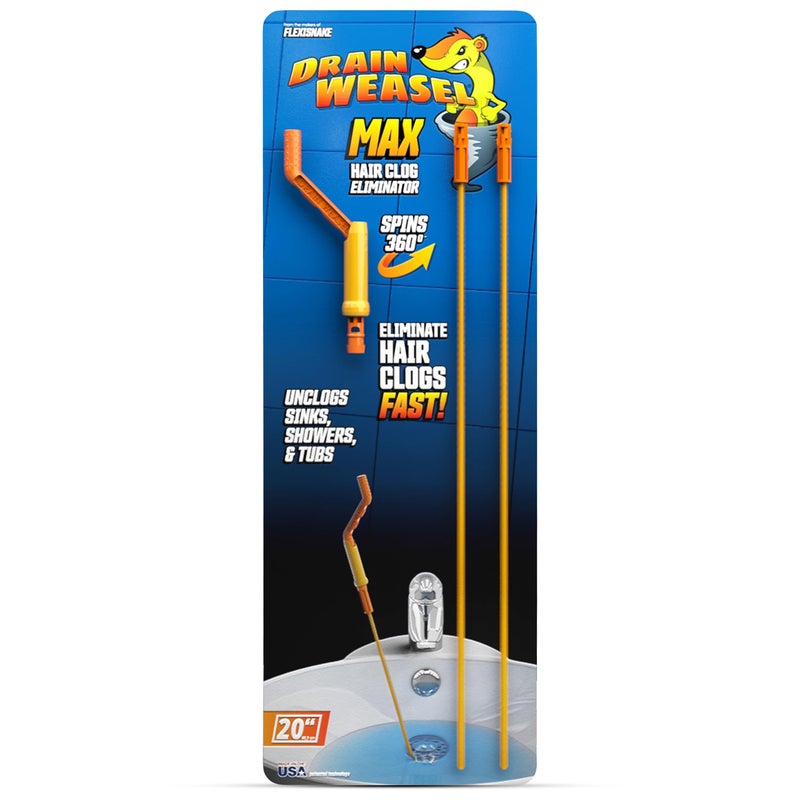 FlexiSnake Drain Weasel MAX Drain Hair Clog Remover Tool with Rotating Handle and 2 Wand Refills, Made in the USA, 20 inch - Image 1